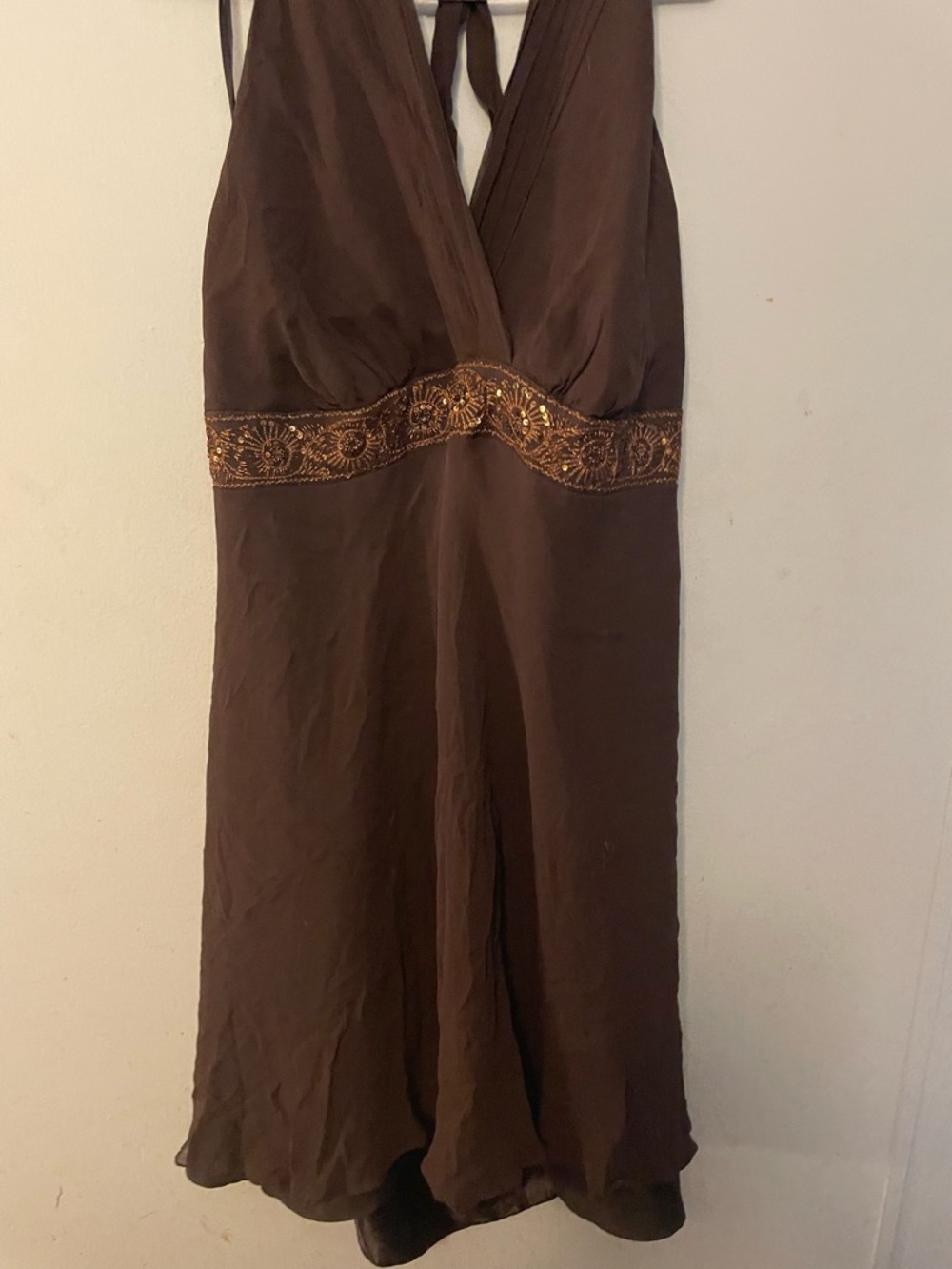 Robbie Bee Brown Halter Backless Dress with Gold Embroidered Waistband
